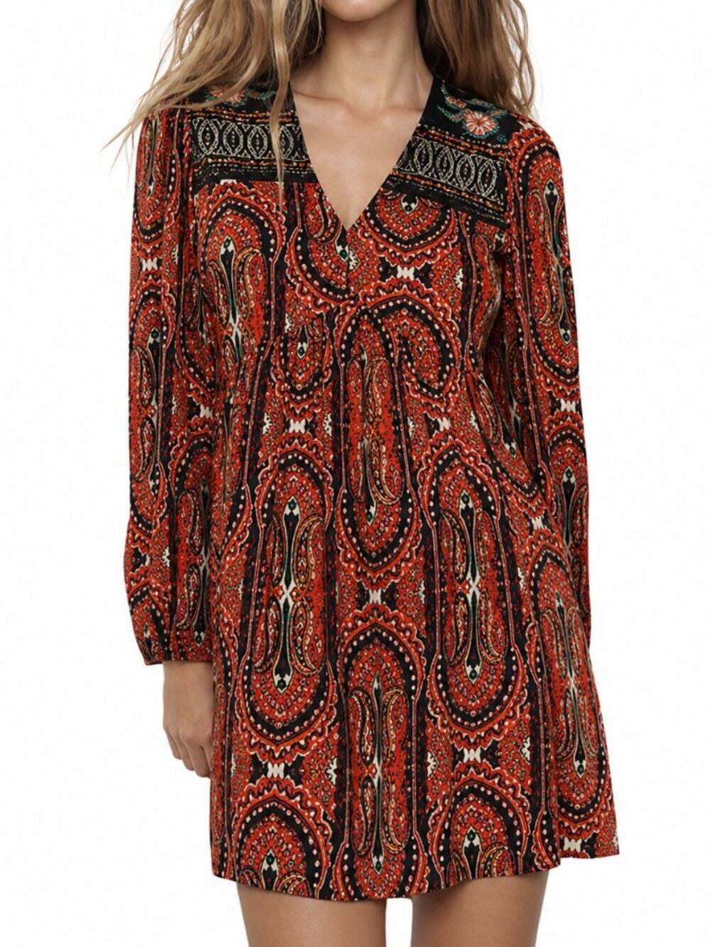 Red Paisley Long-Sleeve Embroidered Yoke Boho Dress